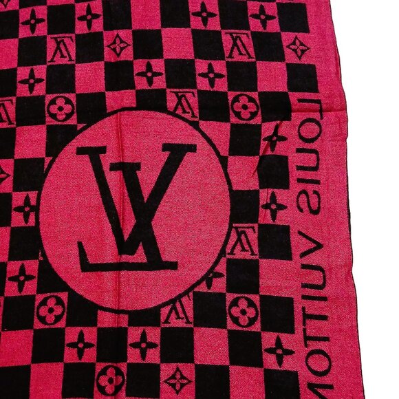 LOUIS VUITTON LV Vintage Pink Black Monogram Check Silk & Wool Scarf - Picture 8 of 12